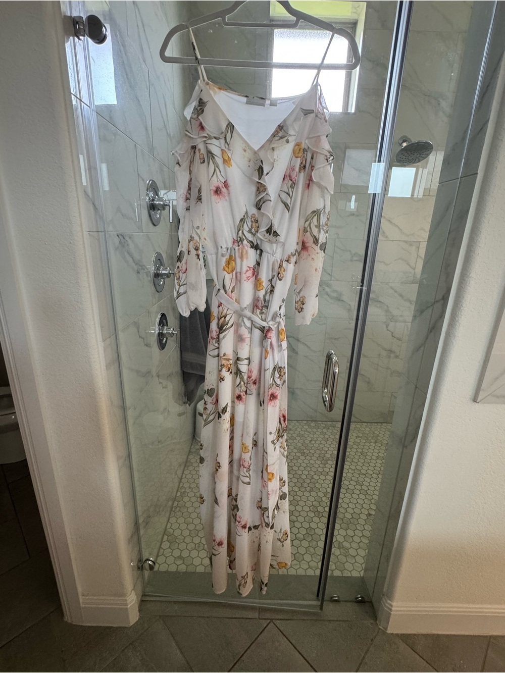 New York & Company White Floral Blouse with Pink & Green Accents